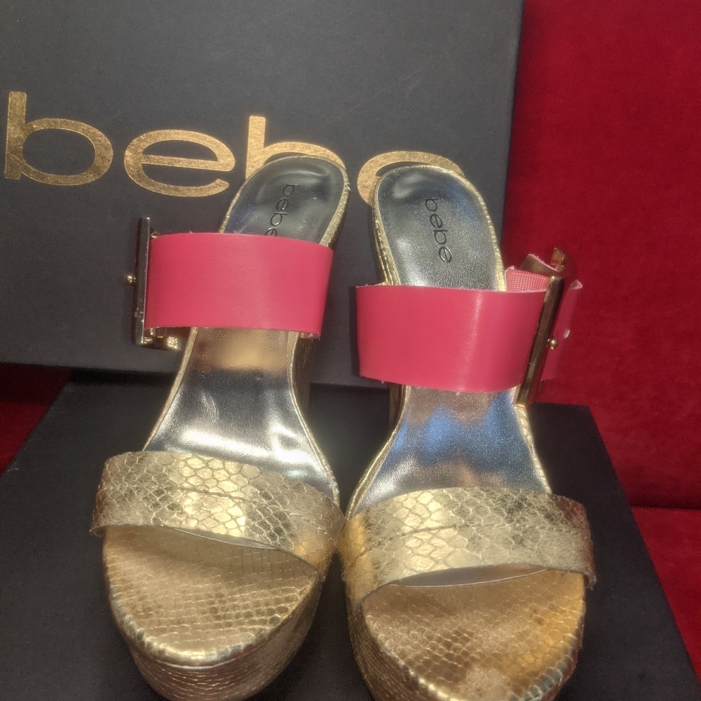 Gold/PINK BEBE WEDGES